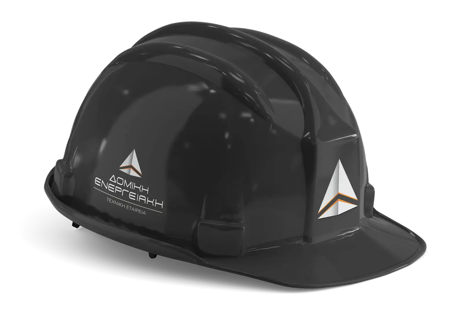 Black safety helmet carrying the Domiki Energeiaki logo on the front and the mark alone on the side